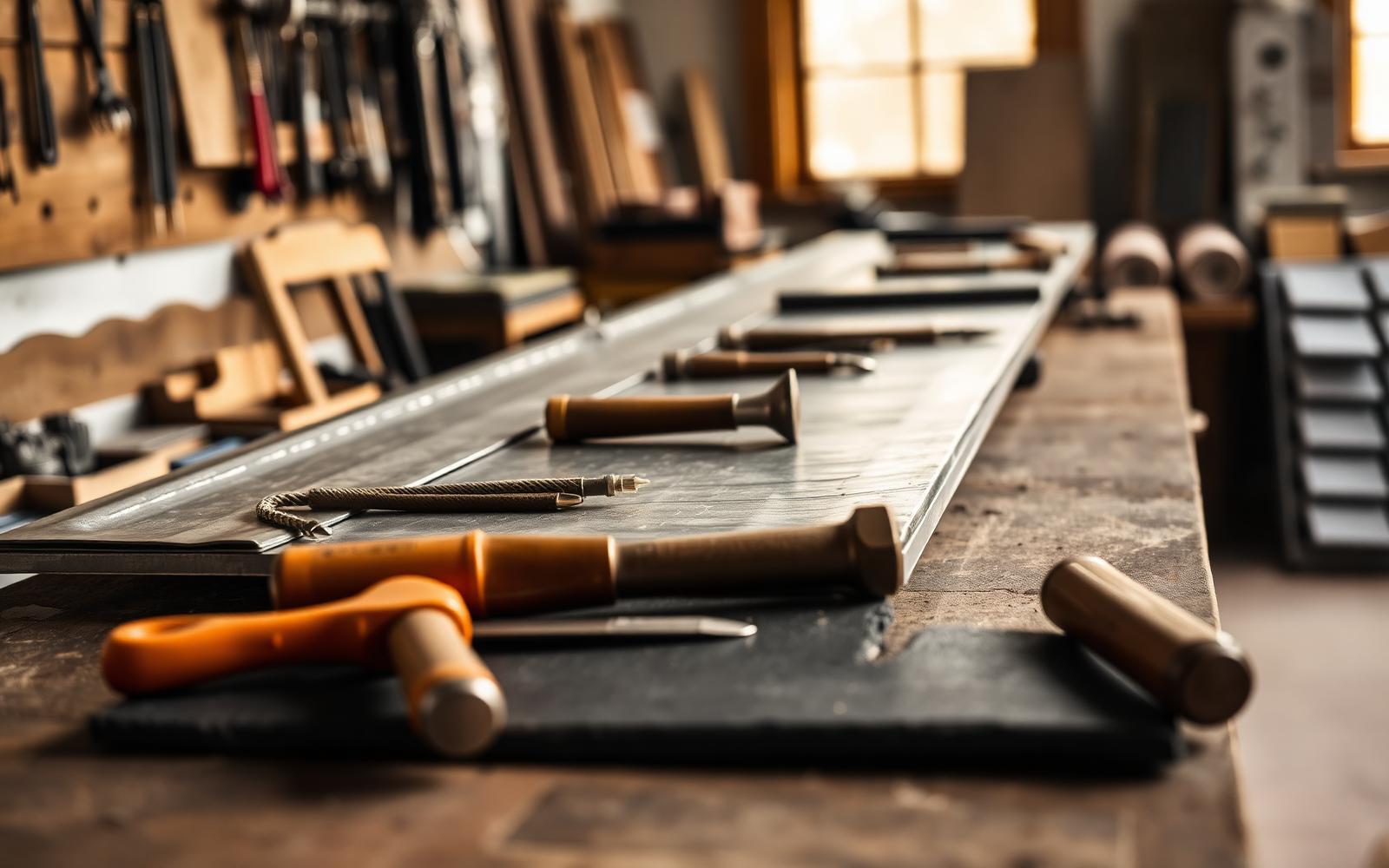 Outils de couvreur et feuilles de zinc dans l'atelier de Longperrier